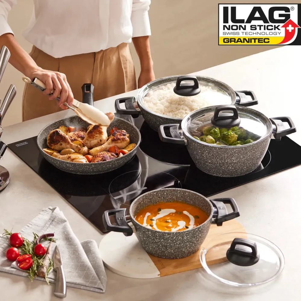 Discount Gris Biogranite 7-Piece Non-Stick Induction Cookware Set, Grey Induction Cookware|Biogranite Cookware Sets