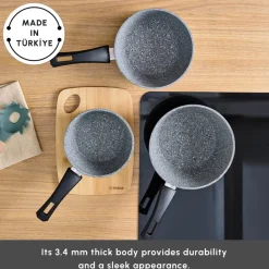 New Gris Biogranite 3-Piece Induction Sauce Pan Set, Grey Pans