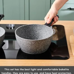 New Gris Biogranite 3-Piece Induction Sauce Pan Set, Grey Pans