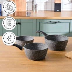New Gris Biogranite 3-Piece Induction Sauce Pan Set, Grey Pans