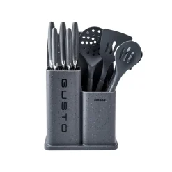 Discount Gusto 12 Piece Knife Block Set, Kitchen Utensil Set with Block and Chopping Board, Grey Knife Sets