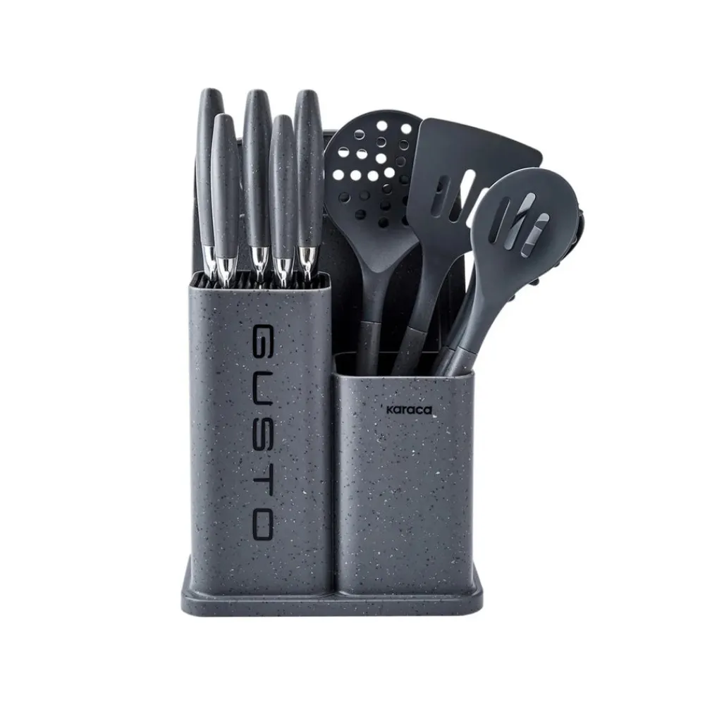 Discount Gusto 12 Piece Knife Block Set, Kitchen Utensil Set with Block and Chopping Board, Grey Knife Sets