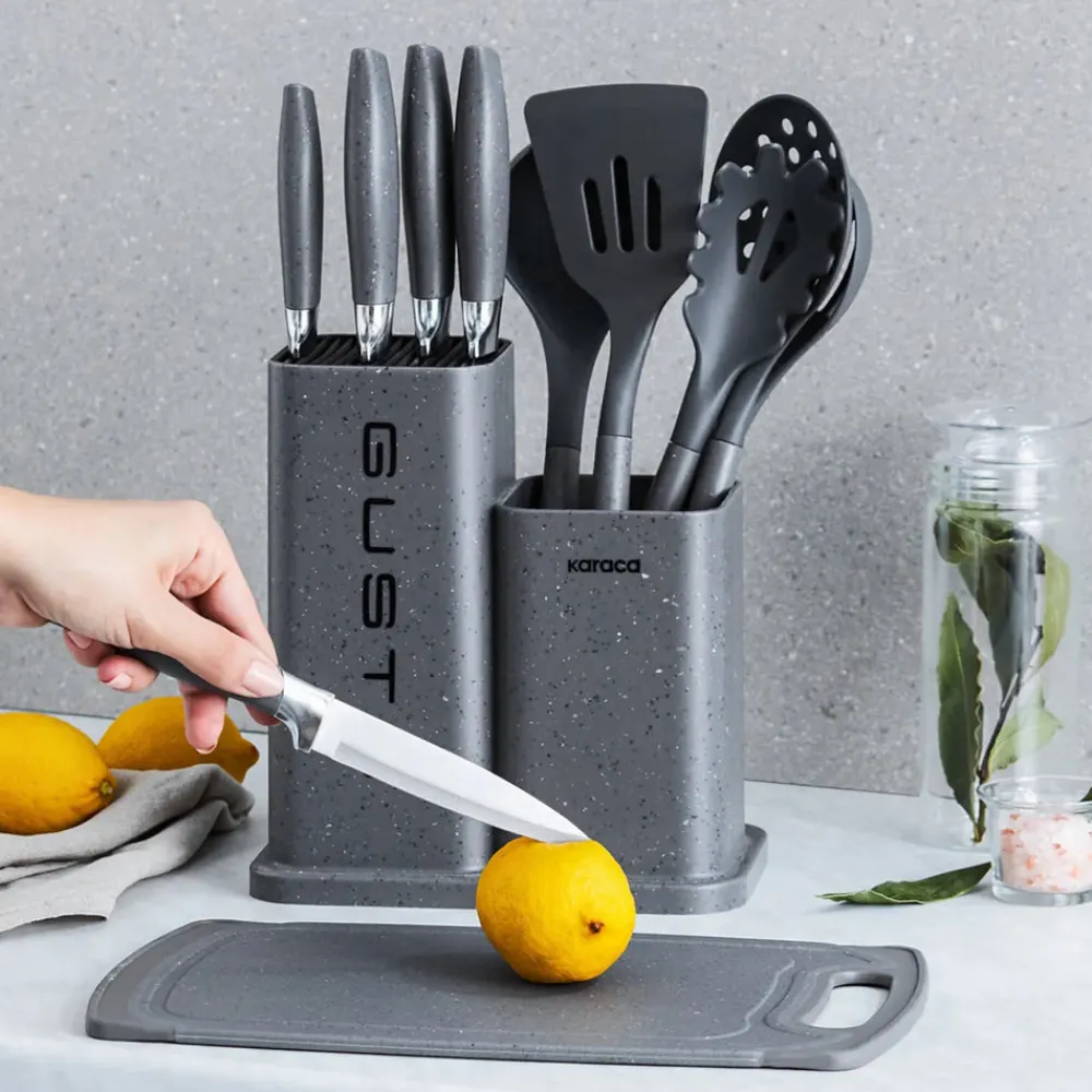 Discount Gusto 12 Piece Knife Block Set, Kitchen Utensil Set with Block and Chopping Board, Grey Knife Sets