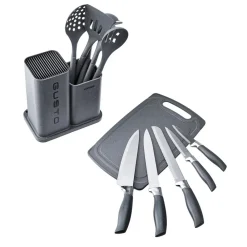 Discount Gusto 12 Piece Knife Block Set, Kitchen Utensil Set with Block and Chopping Board, Grey Knife Sets