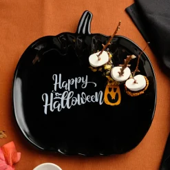 Clearance Halloween Black Pumpkin Ceramic Serving Platter, 26cm, Black Serving Platters