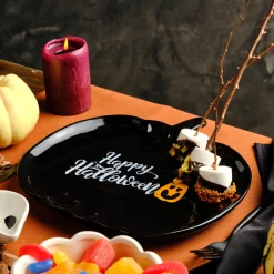 Clearance Halloween Black Pumpkin Ceramic Serving Platter, 26cm, Black Serving Platters