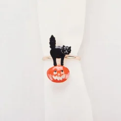 Hot Halloween Pumpkin with Cat Napkin Ring Set, 2 Piece, 6.5cm, Black Orange Napkin Rings