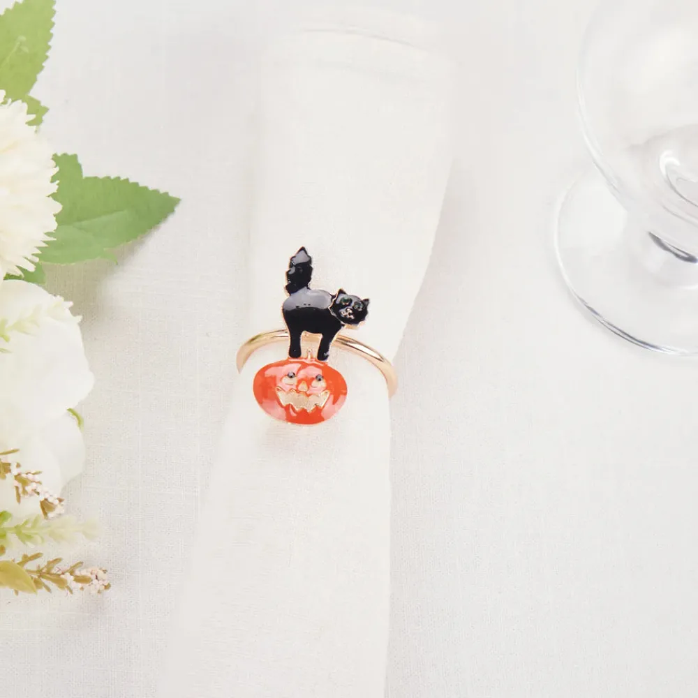 Hot Halloween Pumpkin with Cat Napkin Ring Set, 2 Piece, 6.5cm, Black Orange Napkin Rings