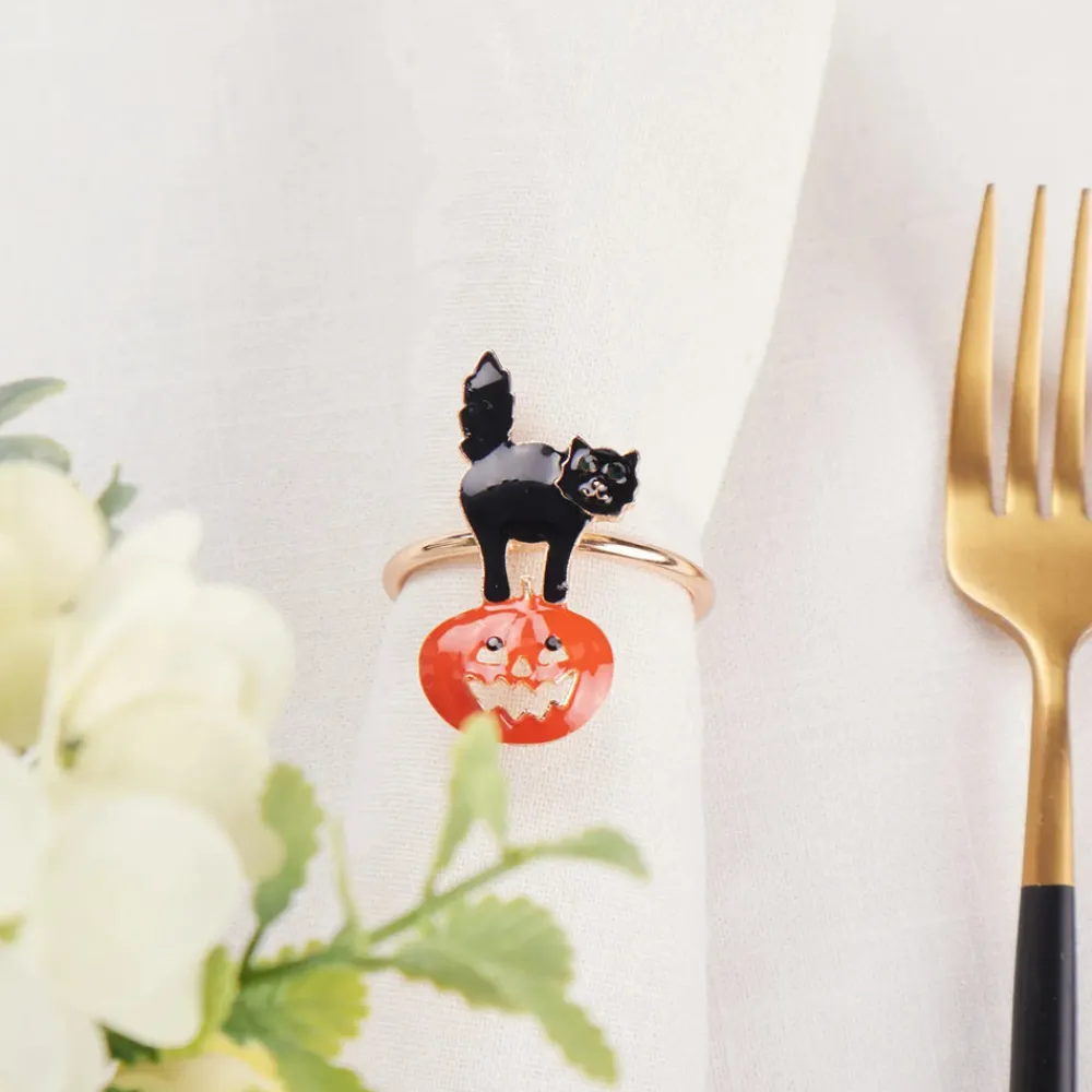 Hot Halloween Pumpkin with Cat Napkin Ring Set, 2 Piece, 6.5cm, Black Orange Napkin Rings