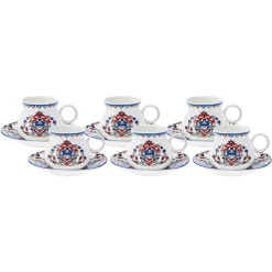 Discount Hattat 12-Piece Porcelain Espresso Turkish Coffee Cup Set for 6 People, 90ml, White Multi Espresso & Turkish Coffee Cup Sets