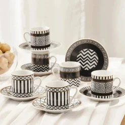 New Helenistik 12-Piece Porcelain Espresso Turkish Coffee Cup Set for 6 People, 80ml, Black Espresso & Turkish Coffee Cup Sets