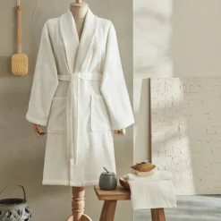 Home Andy 100% Turkish Cotton Bathrobe Set, L/XL, Offwhite Bathrobes
