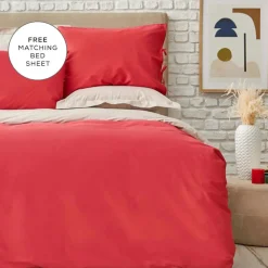 Outlet Home Basic 100% Turkish Cotton Duvet Cover Set with Bed Sheet, Double, Red Beige Duvet Cover Sets