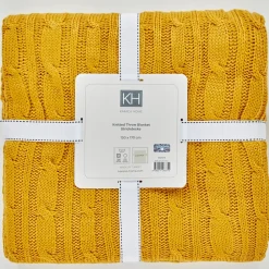 Home Cable Knit Throw, 130cmx170cm, Mustard Throws & Blankets