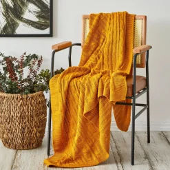 Home Cable Knit Throw, 130cmx170cm, Mustard Throws & Blankets