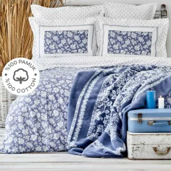 New Home Celerina Blue 100% Turkish Cotton Fitted Duvet Cover Set, Double Duvet Cover Sets