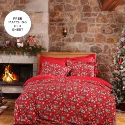 Clearance Home Despina 100% Turkish Cotton Flannel Duvet Cover Set with Bed Sheet, Double, Red Multi Duvet Cover Sets