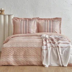 Online Home Keira Summer 100% Turkish Cotton Duvet Cover Set with Bed Sheet, Double, Salmon Duvet Cover Sets