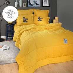 New Home Motto Cotton Comfort Bedding Set with Bed Sheet, Double, Mustard Bedding Sets|Duvets
