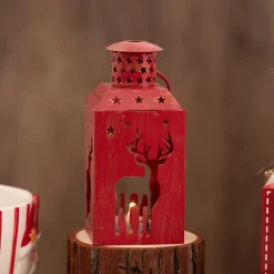 New Home New Year Christmas Deer Metal Decorative Led Light Lantern, 13cm, Red Ornaments
