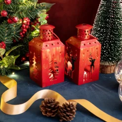 New Home New Year Christmas Deer Metal Decorative Led Light Lantern, 13cm, Red Ornaments