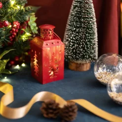 Online Home New Year Christmas Tree Metal Decorative Led Light Lantern, 13cm, Red Ornaments