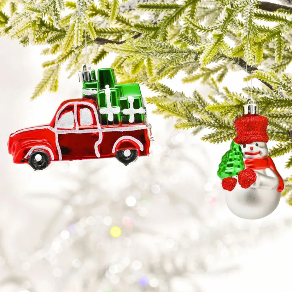 Home New Year Christmas Gift Truck & Snowman Tree Decoration Set, 2 Piece, 11cm, Multi Ornaments