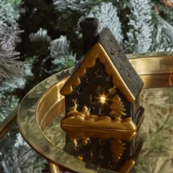 Sale Home New Year Christmas Ceramic Lighting House Trinket, 12cm, Black Gold Ornaments