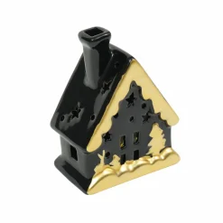 Sale Home New Year Christmas Ceramic Lighting House Trinket, 12cm, Black Gold Ornaments
