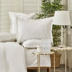 Online Home Nimes Percale Embroidered 100% Turkish Cotton Duvet Cover Set, Double, White Duvet Cover Sets