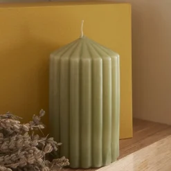 Sale Home Stripped Pillar Candle, 7x12cm, Green Candles