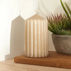 New Home Stripped Pillar Candle, 7x12cm, Light Brown Candles