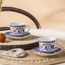 Ihlamur 4-Piece Bone China Espresso Turkish Coffee Cup Set for 2 People, 80ml, White Multi Espresso & Turkish Coffee Cup Sets