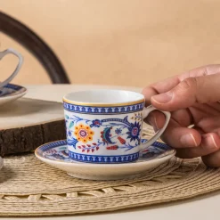 Ihlamur 4-Piece Bone China Espresso Turkish Coffee Cup Set for 2 People, 80ml, White Multi Espresso & Turkish Coffee Cup Sets