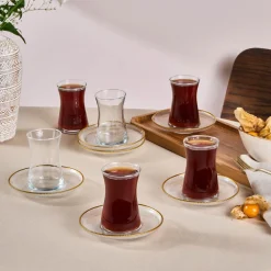 Clearance Juliet 12-Piece Turkish Tea Set for 6 People, 170ml, Gold Turkish Tea Sets