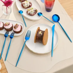 Online Jupiter 30-Piece Stainless Steel Cutlery Set for 6 People, Shiny Blue Cutlery Sets