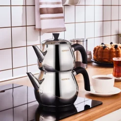 New Kayra Stainless Steel Induction Teapot Set, Medium, Black Silver Turkish Coffee Pots|Turkish Teapots