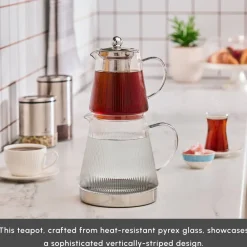 Discount Keops XL Borosilicate Glass Teapot Set, Transparent Silver Turkish Teapots