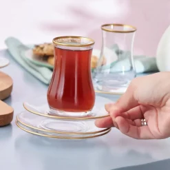Outlet Kirke 12 Piece Glass Turkish Tea Set for 6 People, 110ml, Transparent Turkish Tea Sets