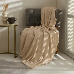 Online Leaves Wellsoft Blanket, 130x150cm, Ecru Throws & Blankets