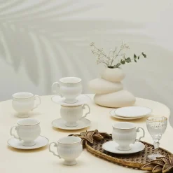 Outlet Malta 12-Piece Porcelain Espresso Turkish Coffee Cup Set for 6 People, 100ml, White Gold Espresso & Turkish Coffee Cup Sets