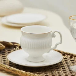 Outlet Malta 12-Piece Porcelain Espresso Turkish Coffee Cup Set for 6 People, 100ml, White Gold Espresso & Turkish Coffee Cup Sets