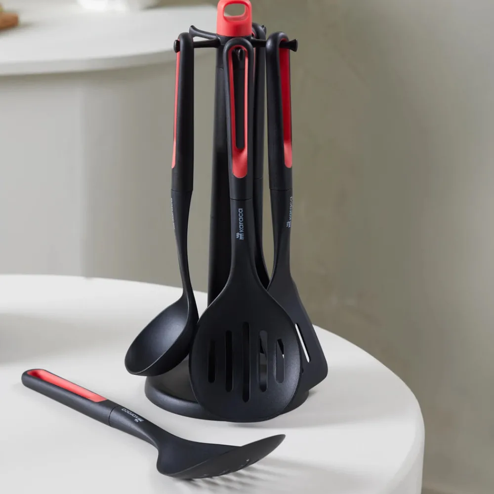 Discount Marco 6-Piece Kitchen Utensil Set with Stand, Red Kitchen Utensils