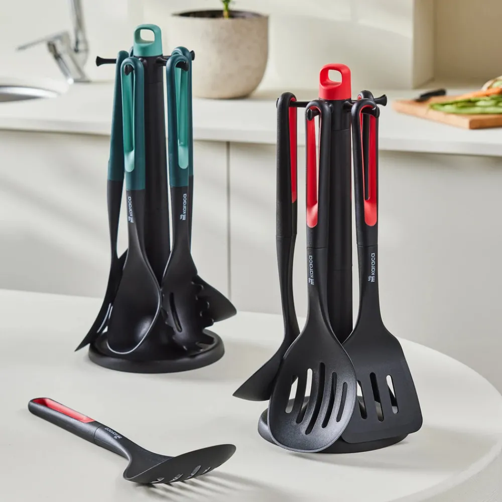 Discount Marco 6-Piece Kitchen Utensil Set with Stand, Red Kitchen Utensils