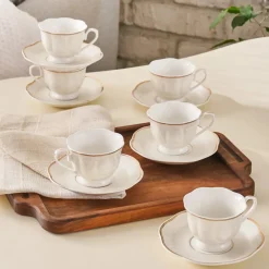 Sale Margaret 12-Piece Porcelain Espresso Turkish Coffee Cup Set for 6 People, 80ml, White Espresso & Turkish Coffee Cup Sets