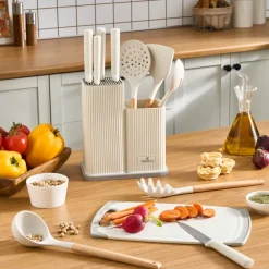 Sale Massimo 12-Piece Knife Block Set, Chopping Board and Kitchen Utensil Set, Cream Knife Sets