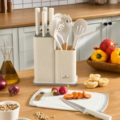 Sale Massimo 12-Piece Knife Block Set, Chopping Board and Kitchen Utensil Set, Cream Knife Sets