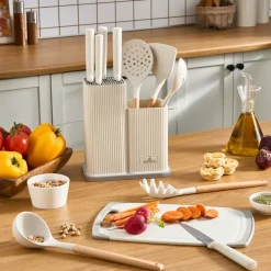 Sale Massimo 12-Piece Knife Block Set, Chopping Board and Kitchen Utensil Set, Cream Knife Sets