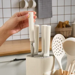 Sale Massimo 12-Piece Knife Block Set, Chopping Board and Kitchen Utensil Set, Cream Knife Sets