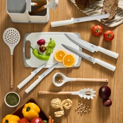 Sale Massimo 12-Piece Knife Block Set, Chopping Board and Kitchen Utensil Set, Cream Knife Sets